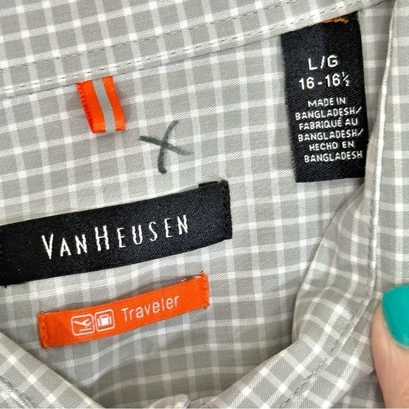 NWT- VanHeusen No Iron Traveler Stretch Gray/White Check Shirt- Size 16-16.5 - Picture 5 of 6